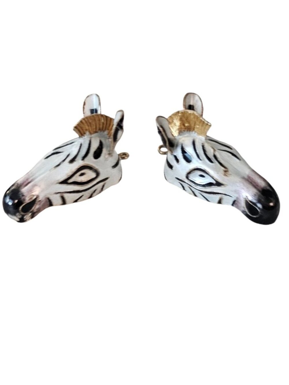 Black White Enamel Zebra Head Dangle Earrings Silver Chinese Import Vintage L516